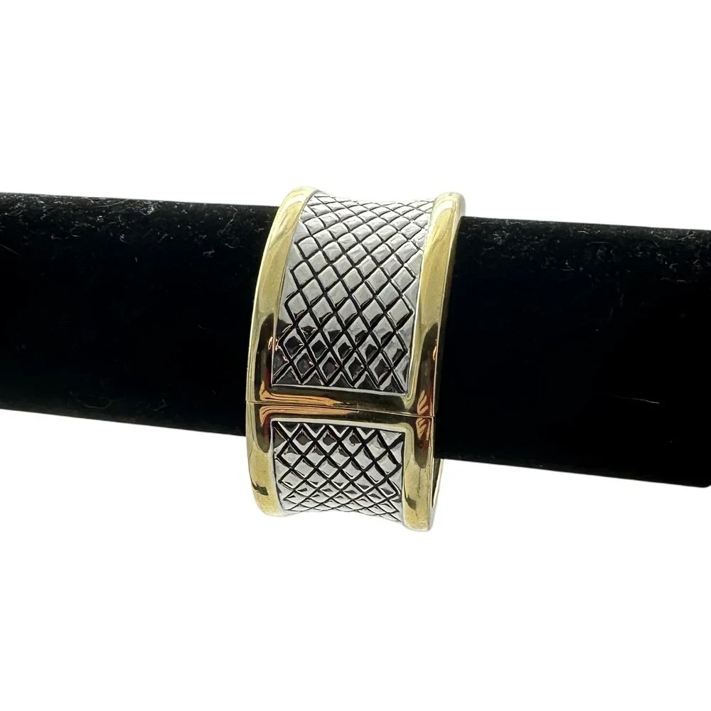 Gold & Silver Tone Cuff Bangle Bracelet Two Tone Diamond Weave‎ Fashion Jewelry